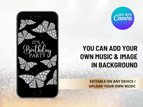Diamond Butterfly Party Invitation, Any Text Video Invitation, Diamond Theme Party, Diamond Video, Birthday Party, Instant Download