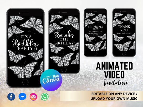 Diamond Butterfly Party Invitation, Any Text Video Invitation, Diamond Theme Party, Diamond Video, Birthday Party, Instant Download