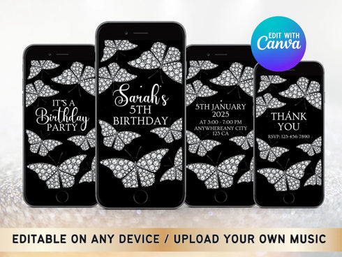 Diamond Butterfly Party Invitation, Any Text Video Invitation, Diamond Theme Party, Diamond Video, Birthday Party, Instant Download