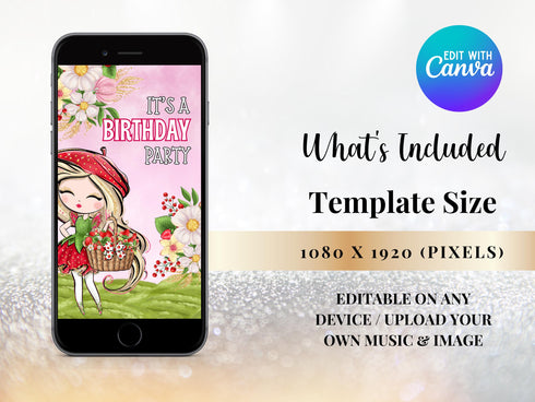 Editable Strawberry Berry 3rd Birthday Party Invitation Card Template, Digital Strawberry 3rd Birthday Invite, Electronic Party Mobile