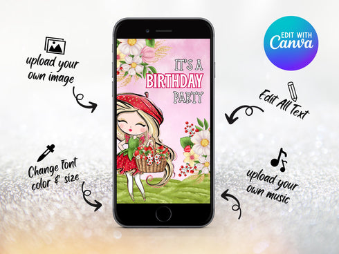 Editable Strawberry Berry 3rd Birthday Party Invitation Card Template, Digital Strawberry 3rd Birthday Invite, Electronic Party Mobile