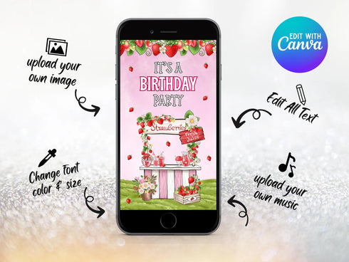 Strawberry Phone 3rd Birthday Invitation, Strawberry 3rd Birthday Electronic Evite, Strawberry 3rd Birthday Invite, Digital Berry Birthday