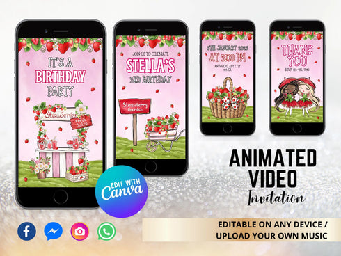 Strawberry Phone 3rd Birthday Invitation, Strawberry 3rd Birthday Electronic Evite, Strawberry 3rd Birthday Invite, Digital Berry Birthday