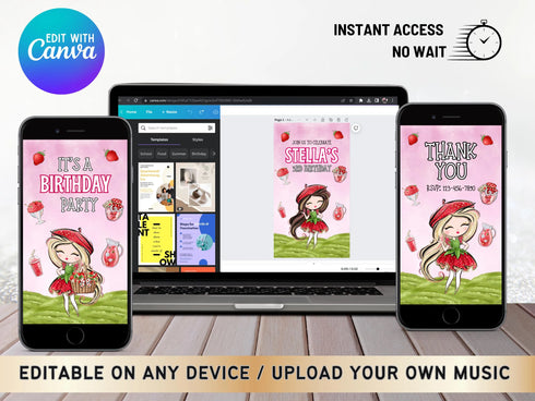 Strawberry Birthday Invitation, Berry 3rd Birthday Evite Template, Strawberry Birthday Evite, Strawberry Digital Invitation Text Invitation