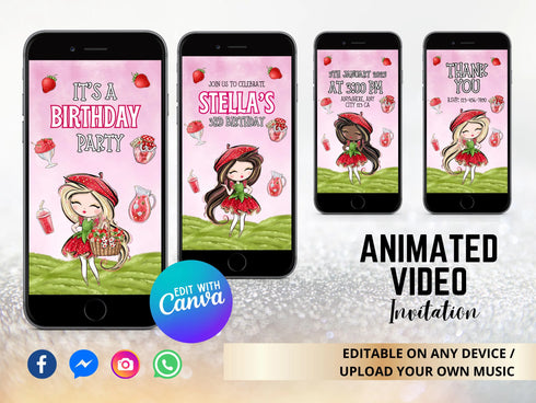Strawberry Birthday Invitation, Berry 3rd Birthday Evite Template, Strawberry Birthday Evite, Strawberry Digital Invitation Text Invitation