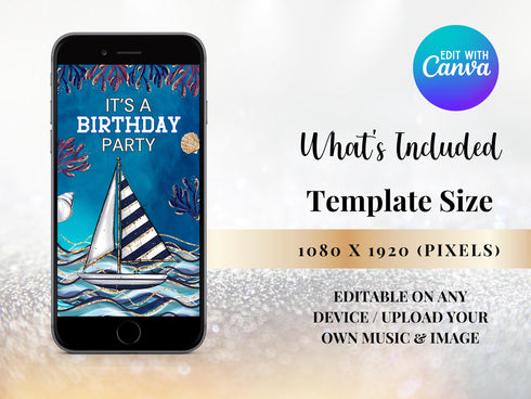 Stormy Sea Birthday Video Invitation, Animated Ocean Theme Party Invitation, Stormy Sea Kids Birthday Party Phone Video Text Evite, Canva