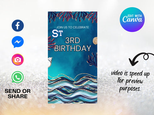 Stormy Sea Birthday Video Invitation, Animated Ocean Theme Party Invitation, Stormy Sea Kids Birthday Party Phone Video Text Evite, Canva