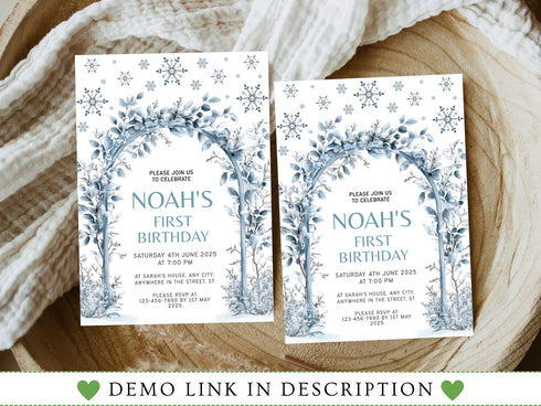 Editable Winter Birthday Invitation, Blue Snowflakes 1st Birthday Invitation, Winter Wonderland Boy Snowflake Birthday Invitation, Corjl