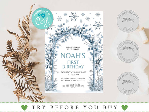 Editable Winter Birthday Invitation, Blue Snowflakes 1st Birthday Invitation, Winter Wonderland Boy Snowflake Birthday Invitation, Corjl