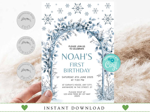 Editable Winter Birthday Invitation, Blue Snowflakes 1st Birthday Invitation, Winter Wonderland Boy Snowflake Birthday Invitation, Corjl