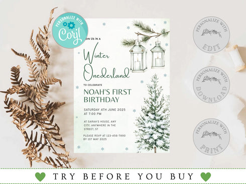 Winter Onederland 1st Birthday Invitation, Snow Woodland 1st Birthday Invite, Winter Onederland, Printable 1st Birthday Invitation, Corjl