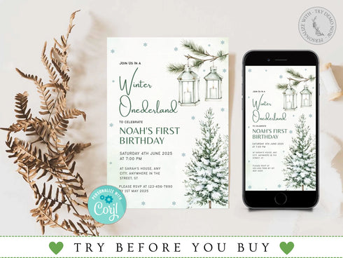 Winter Onederland 1st Birthday Invitation, Snow Woodland 1st Birthday Invite, Winter Onederland, Printable 1st Birthday Invitation, Corjl