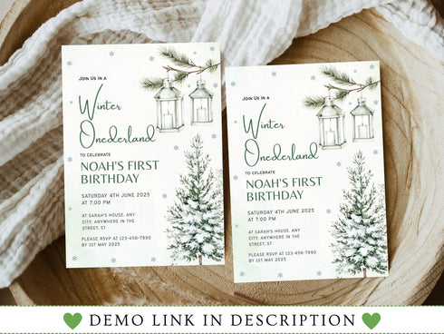 Winter Onederland 1st Birthday Invitation, Snow Woodland 1st Birthday Invite, Winter Onederland, Printable 1st Birthday Invitation, Corjl