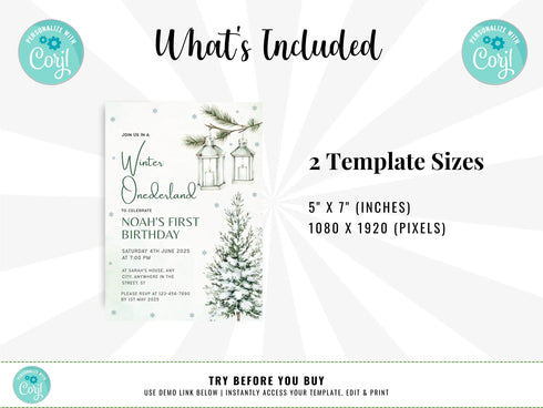 Winter Onederland 1st Birthday Invitation, Snow Woodland 1st Birthday Invite, Winter Onederland, Printable 1st Birthday Invitation, Corjl