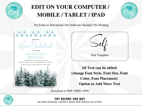 Winter Onederland Invitation, Onederland Invitation, Winter Birthday Invitation, Editable Birthday Invitation, Corjl Template