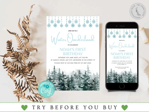 Winter Onederland Invitation, Onederland Invitation, Winter Birthday Invitation, Editable Birthday Invitation, Corjl Template