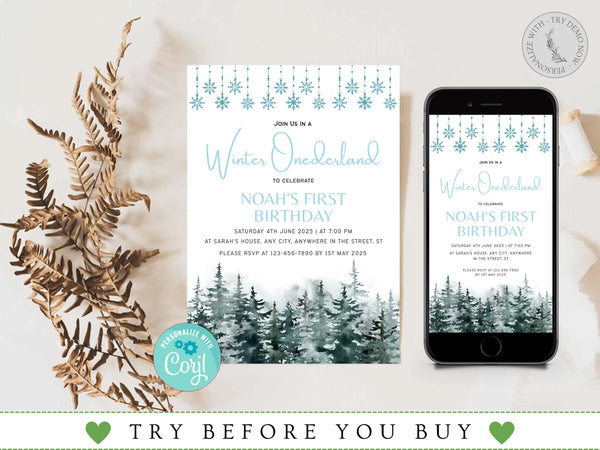 Winter Onederland Invitation, Onederland Invitation, Winter Birthday Invitation, Editable Birthday Invitation, Corjl Template