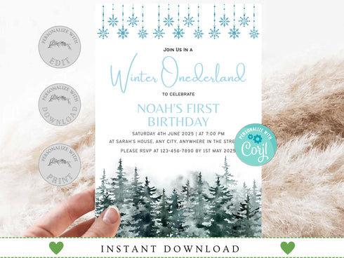 Winter Onederland Invitation, Onederland Invitation, Winter Birthday Invitation, Editable Birthday Invitation, Corjl Template