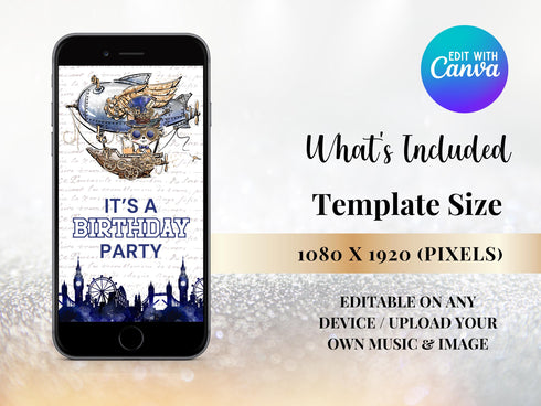 Editable Steampunk Birthday Invitation, Steampunk Video Invitation, Vintage Top Hat Costume Party, Steampunk Party, Steampunk Theme