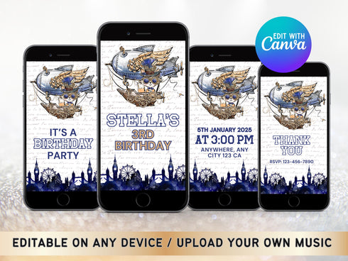 Editable Steampunk Birthday Invitation, Steampunk Video Invitation, Vintage Top Hat Costume Party, Steampunk Party, Steampunk Theme
