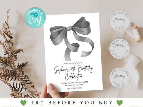 Editable Black Bow Birthday Invitation Template, Minimalist Black Bow Birthday Invite, Black Ribbon Coquette 30th 40th 50th Birthday Party