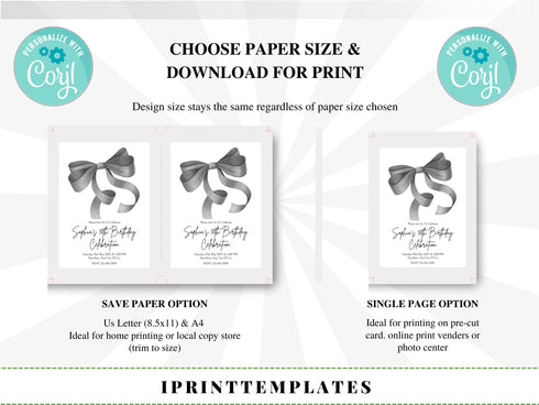 Editable Black Bow Birthday Invitation Template, Minimalist Black Bow Birthday Invite, Black Ribbon Coquette 30th 40th 50th Birthday Party