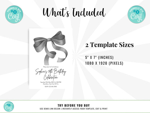Editable Black Bow Birthday Invitation Template, Minimalist Black Bow Birthday Invite, Black Ribbon Coquette 30th 40th 50th Birthday Party