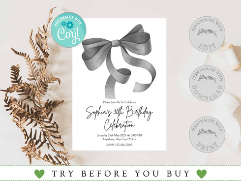 Editable Black Bow Birthday Invitation Template, Minimalist Black Bow Birthday Invite, Black Ribbon Coquette 30th 40th 50th Birthday Party