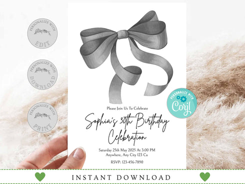 Editable Black Bow Birthday Invitation Template, Minimalist Black Bow Birthday Invite, Black Ribbon Coquette 30th 40th 50th Birthday Party