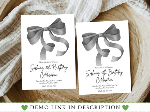 Editable Black Bow Birthday Invitation Template, Minimalist Black Bow Birthday Invite, Black Ribbon Coquette 30th 40th 50th Birthday Party