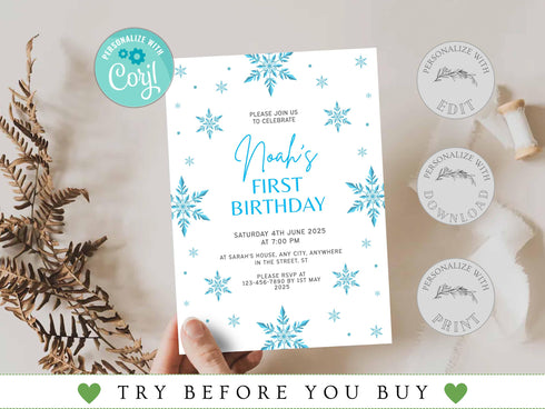 Snowflakes Birthday Invitation Girl or Boy Editable Template, Winter Wonderland Any Age Birthday Invitation, Winter Birthday Invitation