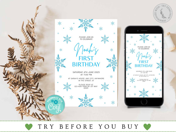 Snowflakes Birthday Invitation Girl or Boy Editable Template, Winter Wonderland Any Age Birthday Invitation, Winter Birthday Invitation
