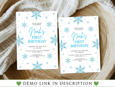 Snowflakes Birthday Invitation Girl or Boy Editable Template, Winter Wonderland Any Age Birthday Invitation, Winter Birthday Invitation