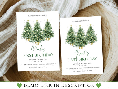Winter Birthday Invitation, Wonderland Girl 1st Birthday Party Invite, Christmas Tree Snow Forest Pine Tree Woodland Editable Template