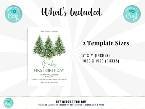 Winter Birthday Invitation, Wonderland Girl 1st Birthday Party Invite, Christmas Tree Snow Forest Pine Tree Woodland Editable Template