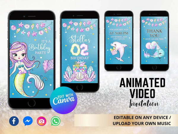 Editable Mermaid Birthday Video Invitation, Mermaid Video Invite, Under the Sea Birthday Party, Printable Template Digital Instant Download
