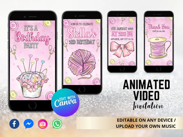 Sewing Birthday Invitations, Sewing Video Invitation, Sew Theme Birthday, Sewing Party Invite, Animated Sewing Invite, Girl Birthday Party