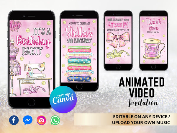 Animated Sewing Birthday Party Invitations, Sewing Video Invitation, Sewing Machine Invitations, Sew Theme Birthday, Sewing Party Invite