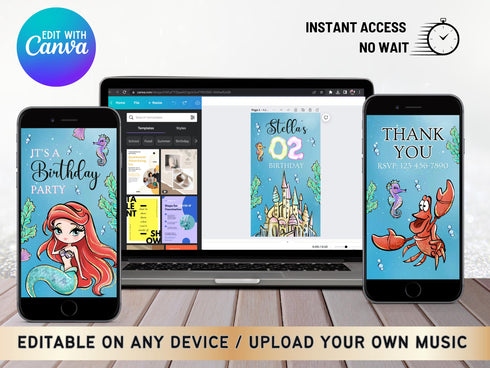 Ariel Little Mermaid Video Invitation with Song, Little Mermaid Birthday Party Animated Invite, Little Mermaid Digital Invitation with Music