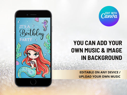 Ariel Little Mermaid Video Invitation with Song, Little Mermaid Birthday Party Animated Invite, Little Mermaid Digital Invitation with Music