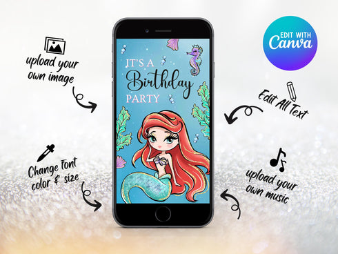 Ariel Little Mermaid Video Invitation with Song, Little Mermaid Birthday Party Animated Invite, Little Mermaid Digital Invitation with Music