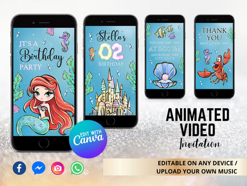 Ariel Little Mermaid Video Invitation with Song, Little Mermaid Birthday Party Animated Invite, Little Mermaid Digital Invitation with Music