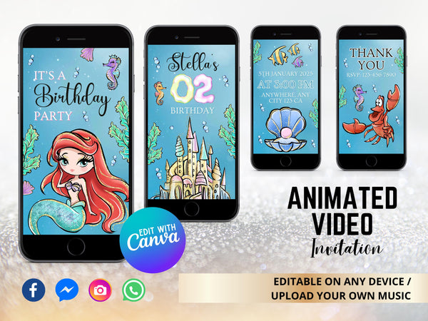 Ariel Little Mermaid Video Invitation with Song, Little Mermaid Birthday Party Animated Invite, Little Mermaid Digital Invitation with Music