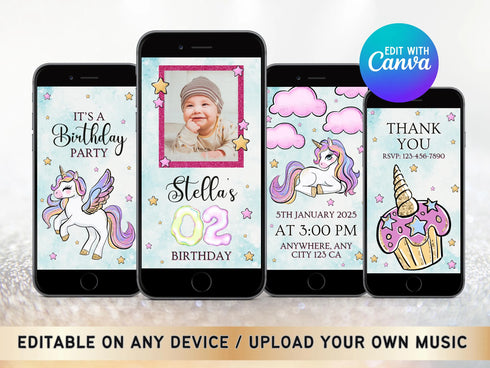 Unicorn Birthday Invitation, Unicorn Party Invite, Unicorn Video Party, Editable Invitation, Video Invitation Template, Girl Birthday