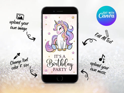 Unicorn Birthday Invitation, Unicorn Party Invite, Rainbow Unicorn Party, Editable Invitation, Video Invitation Template, Girl Birthday