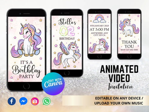 Unicorn Birthday Invitation, Unicorn Party Invite, Rainbow Unicorn Party, Editable Invitation, Video Invitation Template, Girl Birthday
