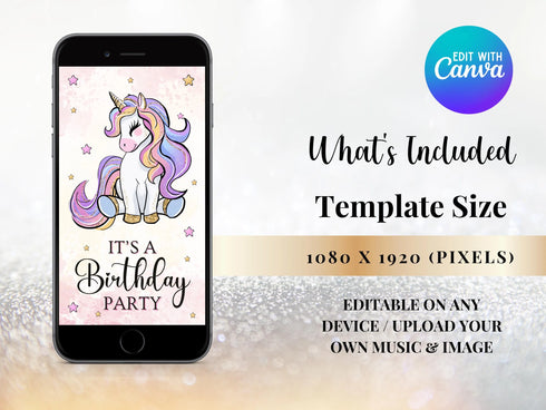 Unicorn Birthday Invitation, Unicorn Party Invite, Rainbow Unicorn Party, Editable Invitation, Video Invitation Template, Girl Birthday