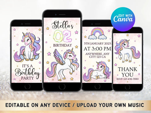 Unicorn Birthday Invitation, Unicorn Party Invite, Rainbow Unicorn Party, Editable Invitation, Video Invitation Template, Girl Birthday
