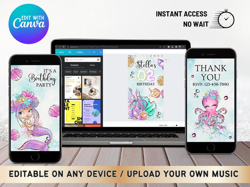 Animated Mermaid Birthday Party Invite, Mermaid Video Invitation, Editable Video Invite, Canva Template, Girl Birthday Evite