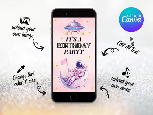 Space Pink Birthday Invitation Video, Space Astronaut Invitation, Birthday Astronaut, Outer Space Birthday Video Invitation, Rocket Evite